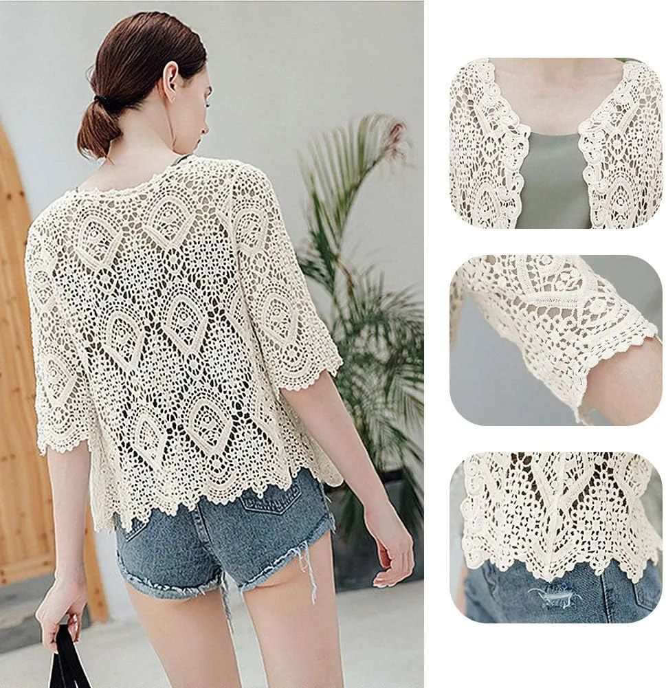 Women's Lace Cardigan Floral Crochet Sheer Beach Cover Ups Long Kimono with Half Sleeves