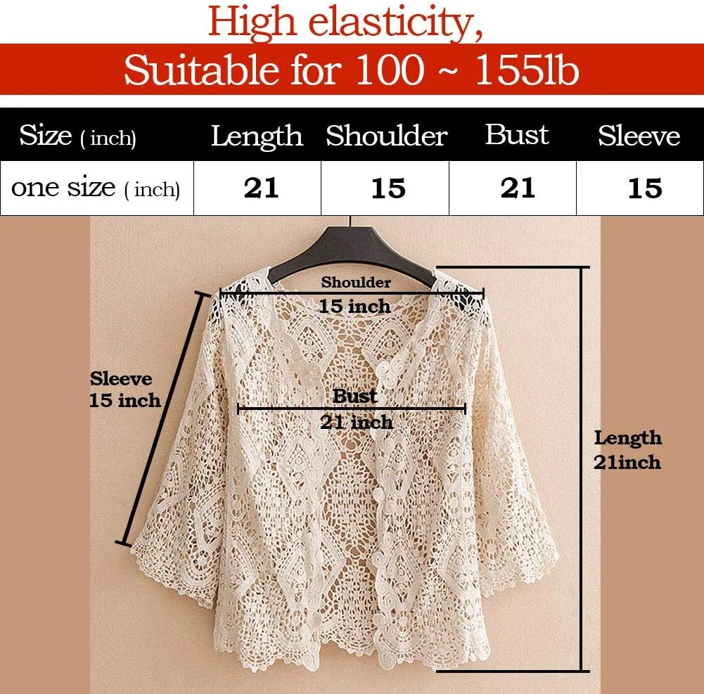 Women's Lace Cardigan Floral Crochet Sheer Beach Cover Ups Long Kimono with Half Sleeves