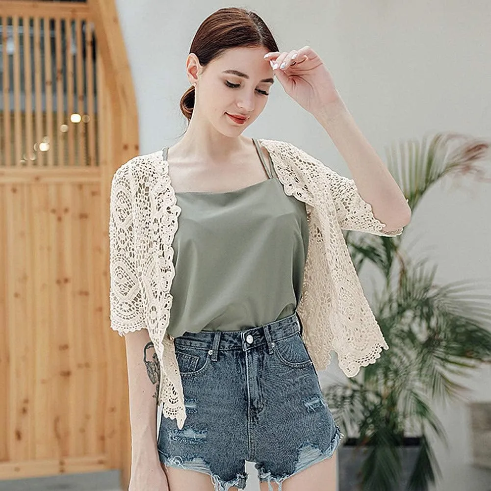 Women's Lace Cardigan Floral Crochet Sheer Beach Cover Ups Long Kimono with Half Sleeves