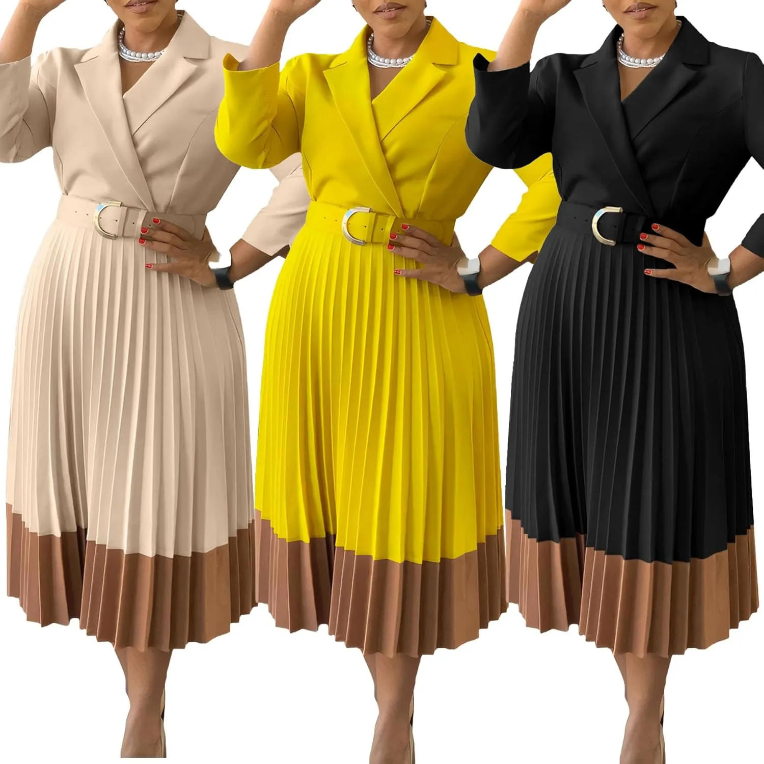 Women's Lapel Neck Blazer Dress Long Sleeve Contrast Color Pleated A-Line Long Dress with Belt Party Cocktail