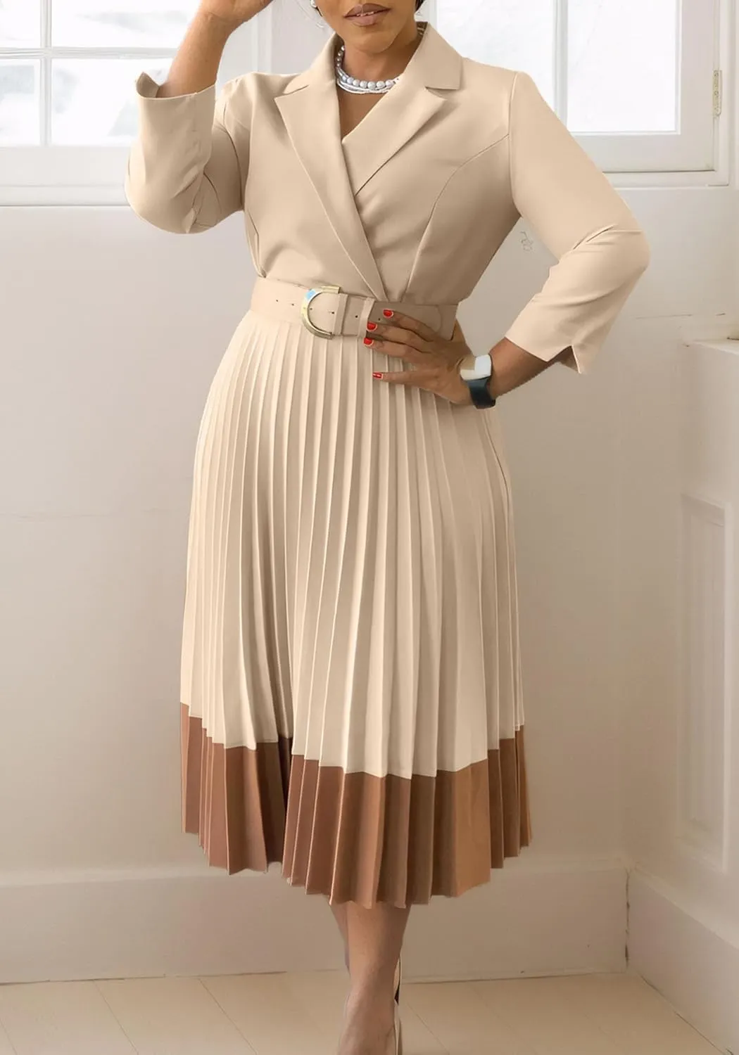 Women's Lapel Neck Blazer Dress Long Sleeve Contrast Color Pleated A-Line Long Dress with Belt Party Cocktail