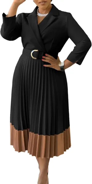 Women's Lapel Neck Blazer Dress Long Sleeve Contrast Color Pleated A-Line Long Dress with Belt Party Cocktail