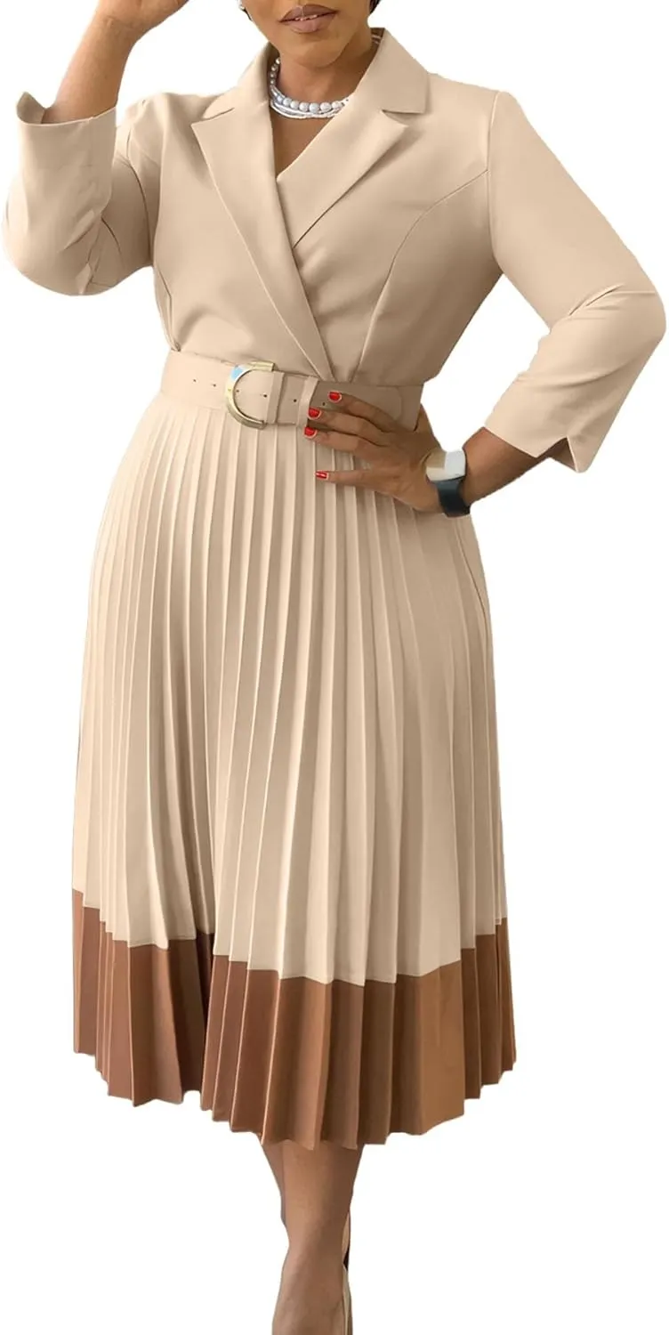 Women's Lapel Neck Blazer Dress Long Sleeve Contrast Color Pleated A-Line Long Dress with Belt Party Cocktail