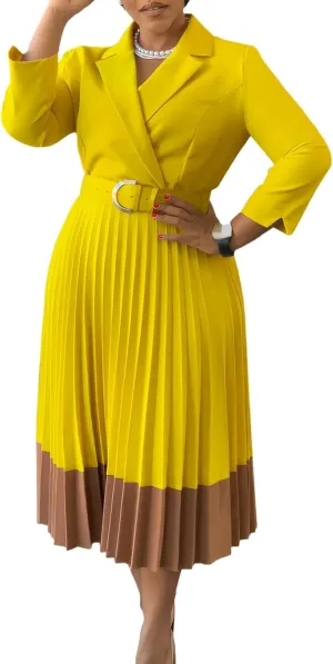 Women's Lapel Neck Blazer Dress Long Sleeve Contrast Color Pleated A-Line Long Dress with Belt Party Cocktail