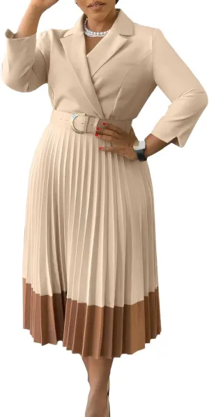 Women's Lapel Neck Blazer Dress Long Sleeve Contrast Color Pleated A-Line Long Dress with Belt Party Cocktail