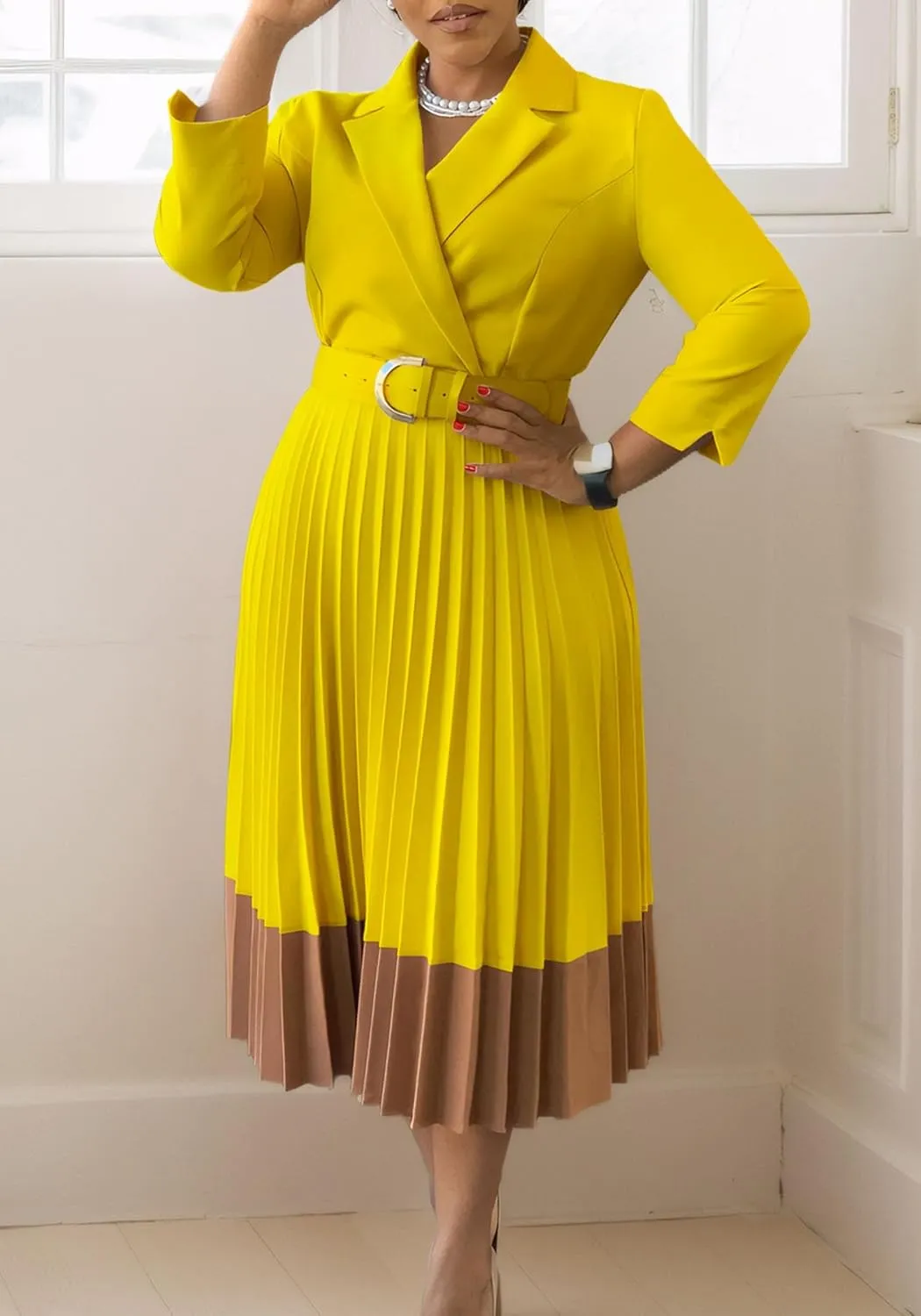 Women's Lapel Neck Blazer Dress Long Sleeve Contrast Color Pleated A-Line Long Dress with Belt Party Cocktail