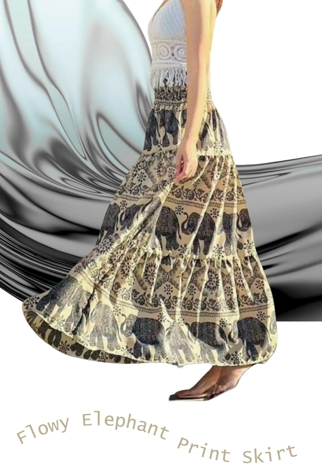 Women's Maxi Long Skirts, High Waisted Lightweight Silky Soft Flowy Ruffle Cute Trendy Boho Hippie, One Size Fits All