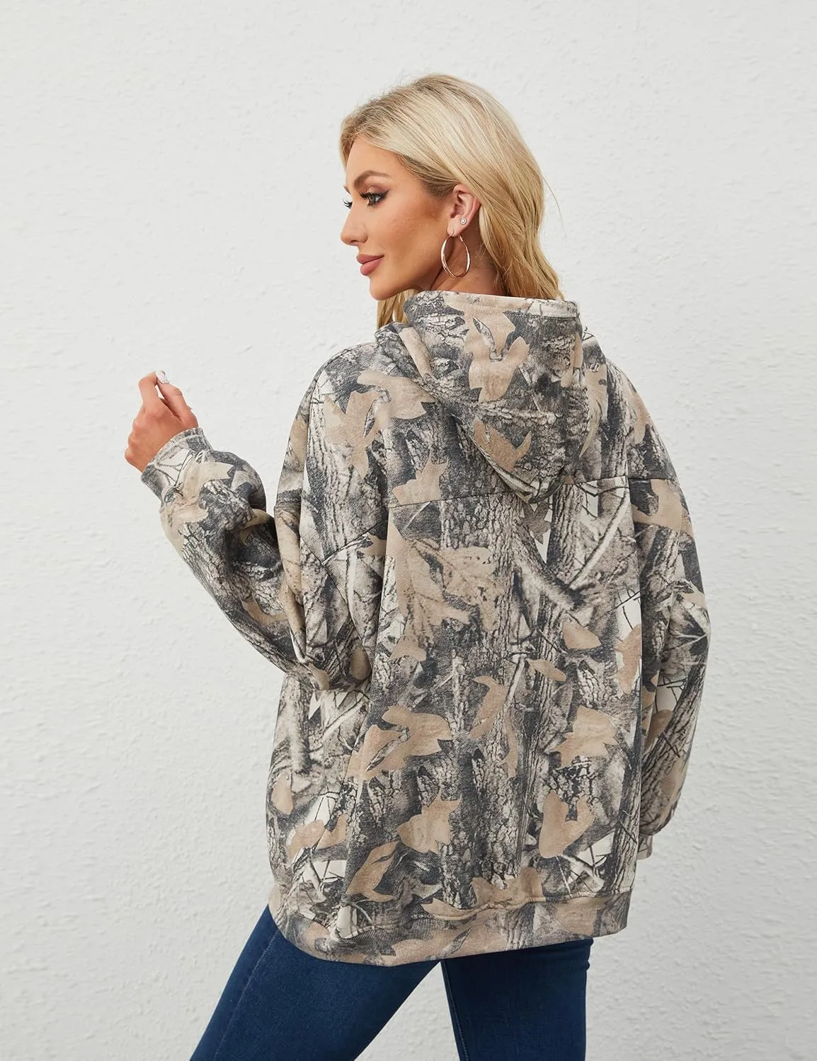 Womens Oversized Camo Hoodie Sweatshirt Maple Leaf Print Fleece Pullover Sweatshirts Long Sleeve Fall Hoodies