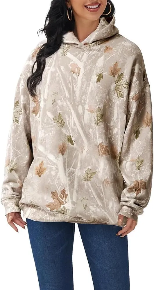 Womens Oversized Camo Hoodie Sweatshirt Maple Leaf Print Fleece Pullover Sweatshirts Long Sleeve Fall Hoodies