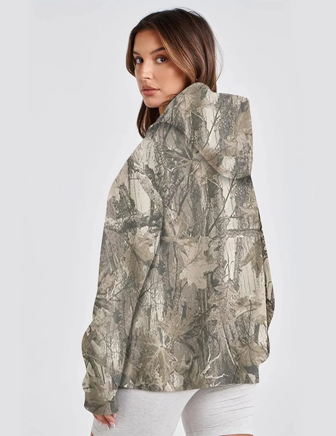 Womens Oversized Camo Hoodie Sweatshirt Maple Leaf Print Fleece Pullover Sweatshirts Long Sleeve Fall Hoodies
