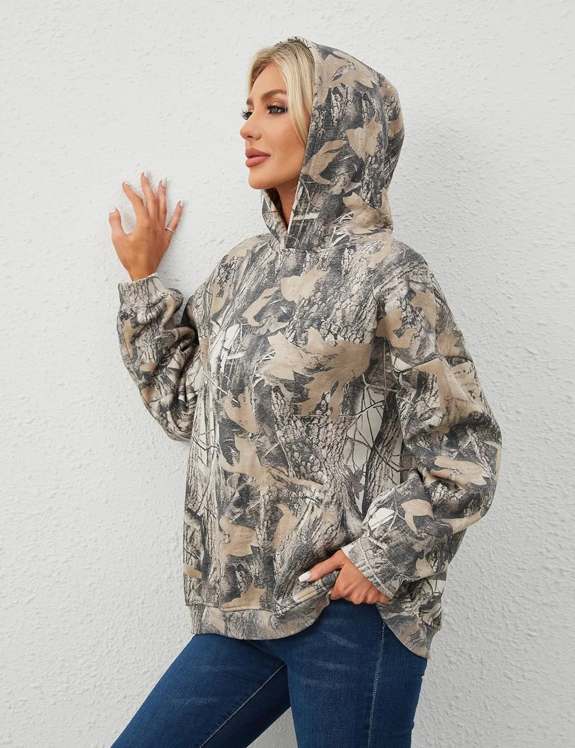 Womens Oversized Camo Hoodie Sweatshirt Maple Leaf Print Fleece Pullover Sweatshirts Long Sleeve Fall Hoodies