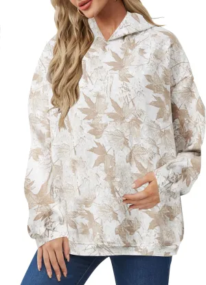 Womens Oversized Camo Hoodie Sweatshirt Maple Leaf Print Fleece Pullover Sweatshirts Long Sleeve Fall Hoodies