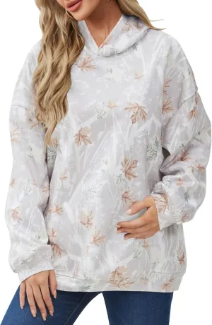 Womens Oversized Camo Hoodie Sweatshirt Maple Leaf Print Fleece Pullover Sweatshirts Long Sleeve Fall Hoodies