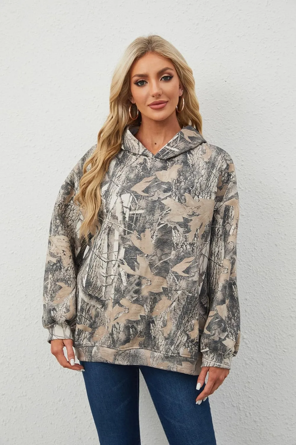 Womens Oversized Camo Hoodie Sweatshirt Maple Leaf Print Fleece Pullover Sweatshirts Long Sleeve Fall Hoodies