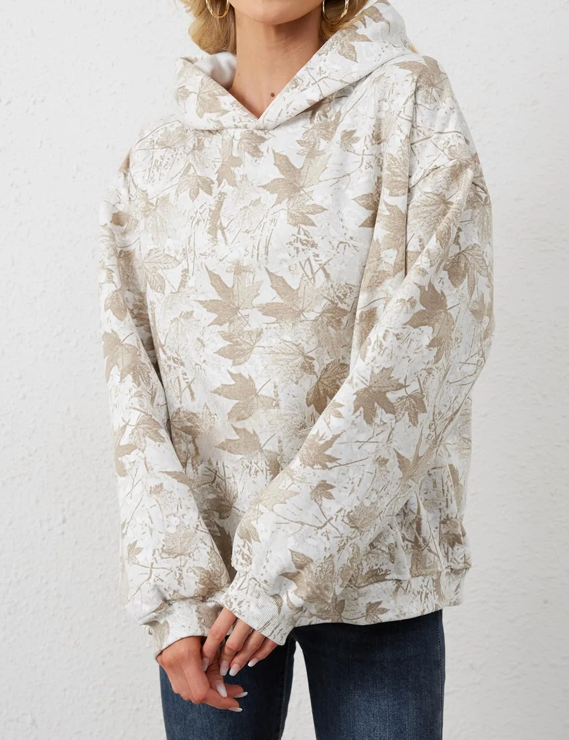 Womens Oversized Camo Hoodie Sweatshirt Maple Leaf Print Fleece Pullover Sweatshirts Long Sleeve Fall Hoodies