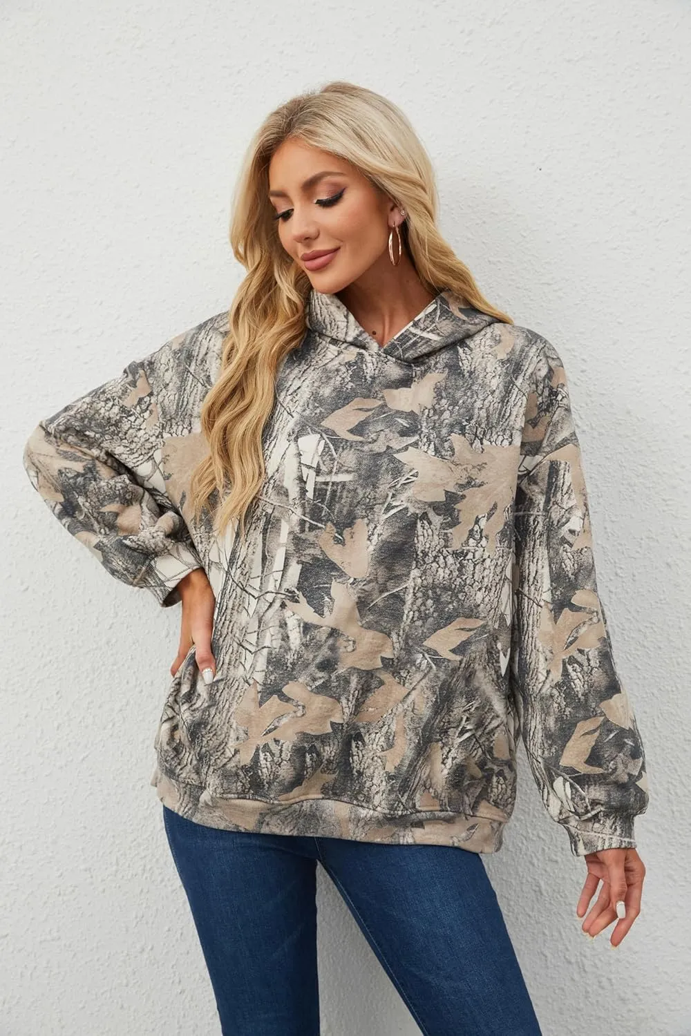 Womens Oversized Camo Hoodie Sweatshirt Maple Leaf Print Fleece Pullover Sweatshirts Long Sleeve Fall Hoodies