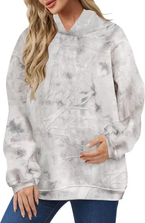 Womens Oversized Camo Hoodie Sweatshirt Maple Leaf Print Fleece Pullover Sweatshirts Long Sleeve Fall Hoodies