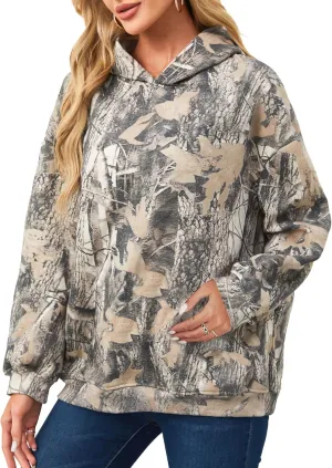 Womens Oversized Camo Hoodie Sweatshirt Maple Leaf Print Fleece Pullover Sweatshirts Long Sleeve Fall Hoodies