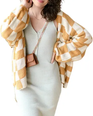 Womens Plaid Cardigan Sweater Vintage Open Front Cable Knit Loose Coat Checkered Colored Block Sweaters Outwear