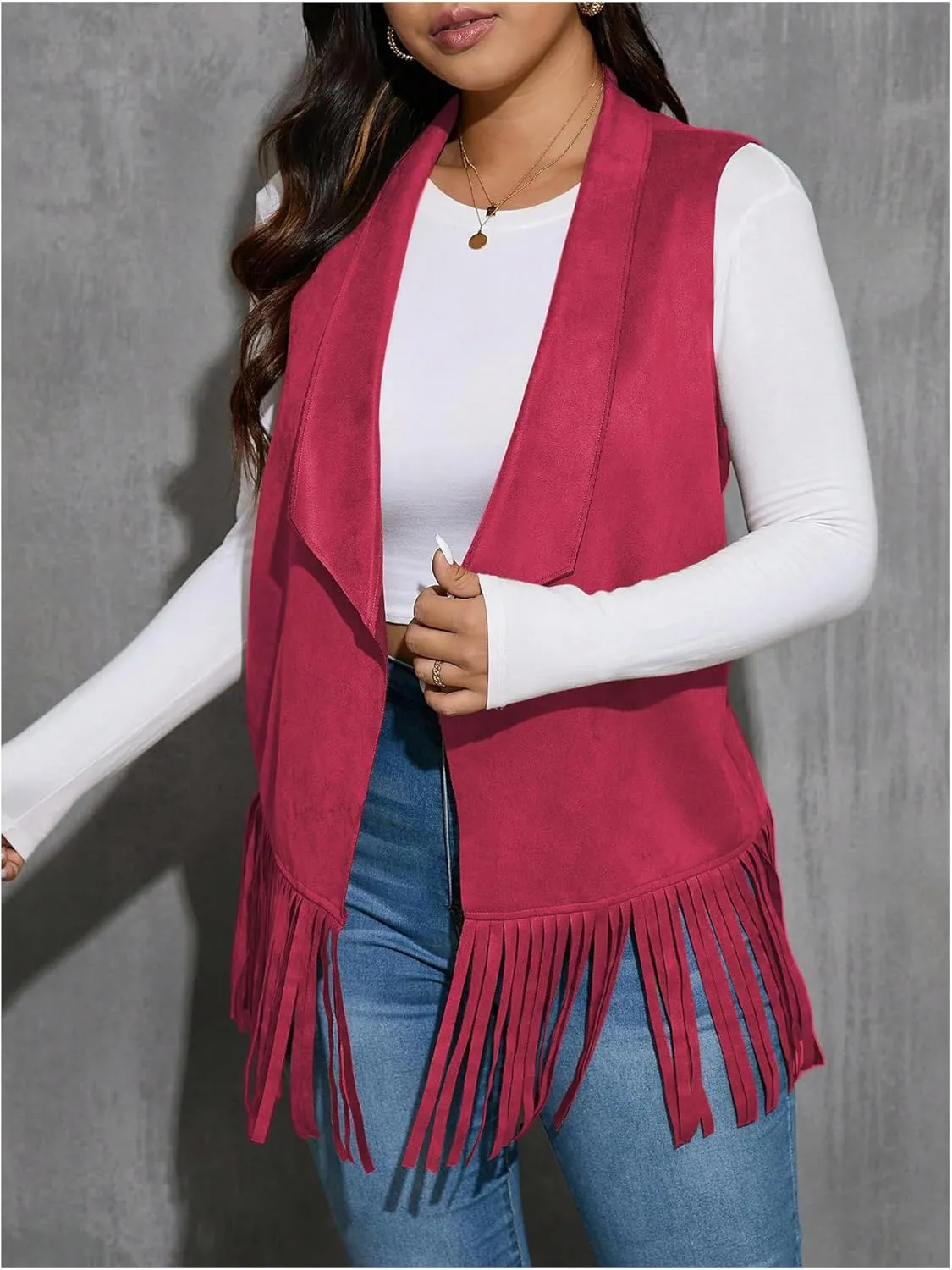 Women's Plus Size Fringe Suede Vest 70s Hippie Faux Western Jacket Tassel Sleeveless Cardigan