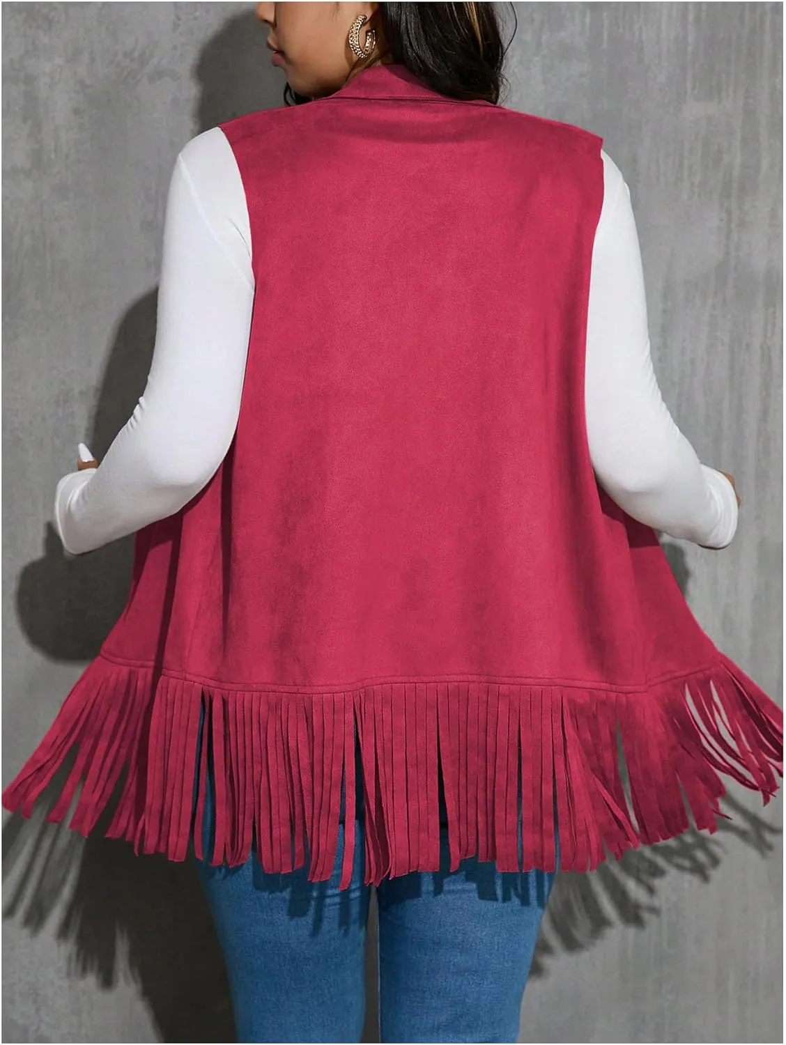 Women's Plus Size Fringe Suede Vest 70s Hippie Faux Western Jacket Tassel Sleeveless Cardigan