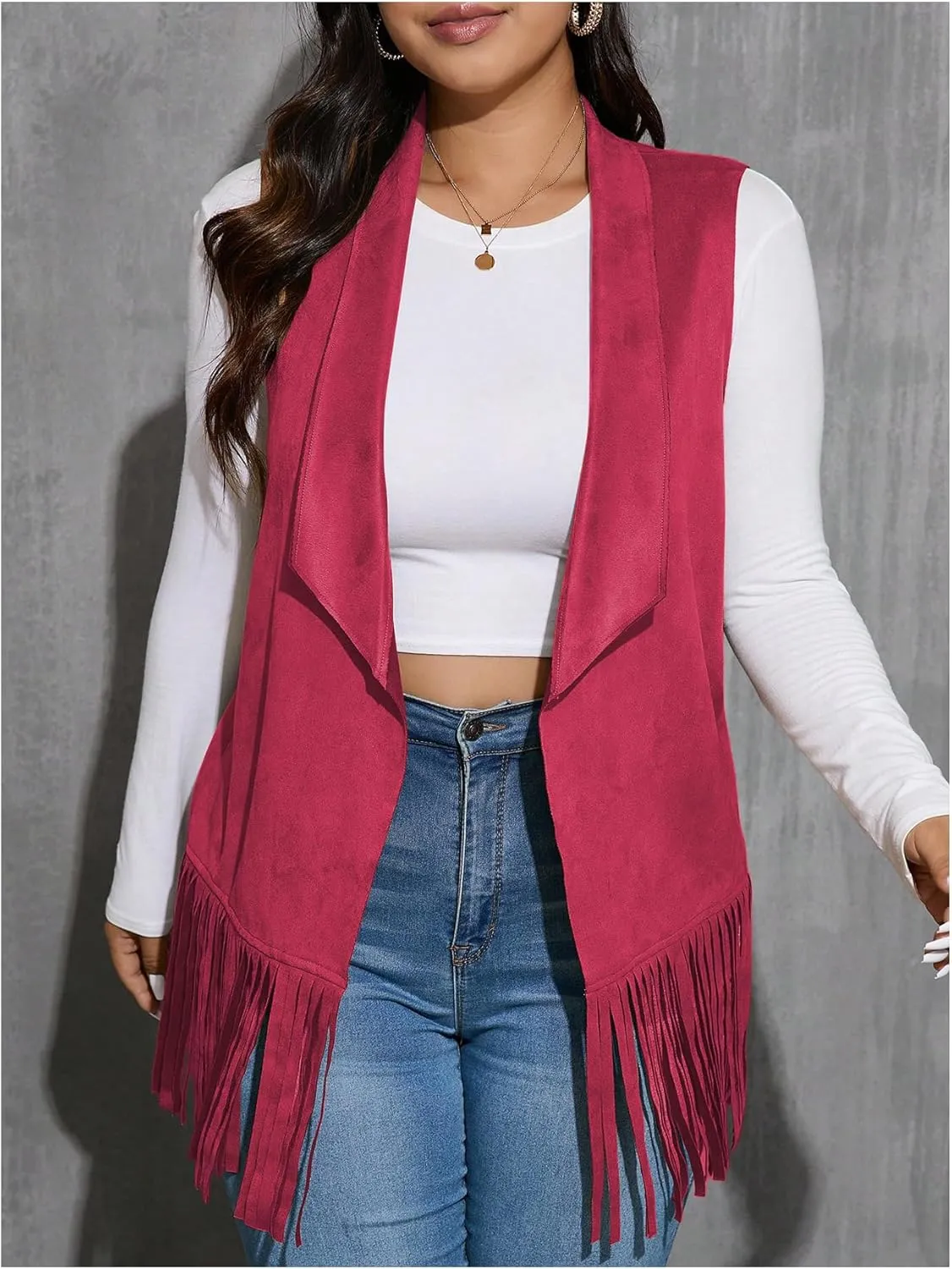 Women's Plus Size Fringe Suede Vest 70s Hippie Faux Western Jacket Tassel Sleeveless Cardigan