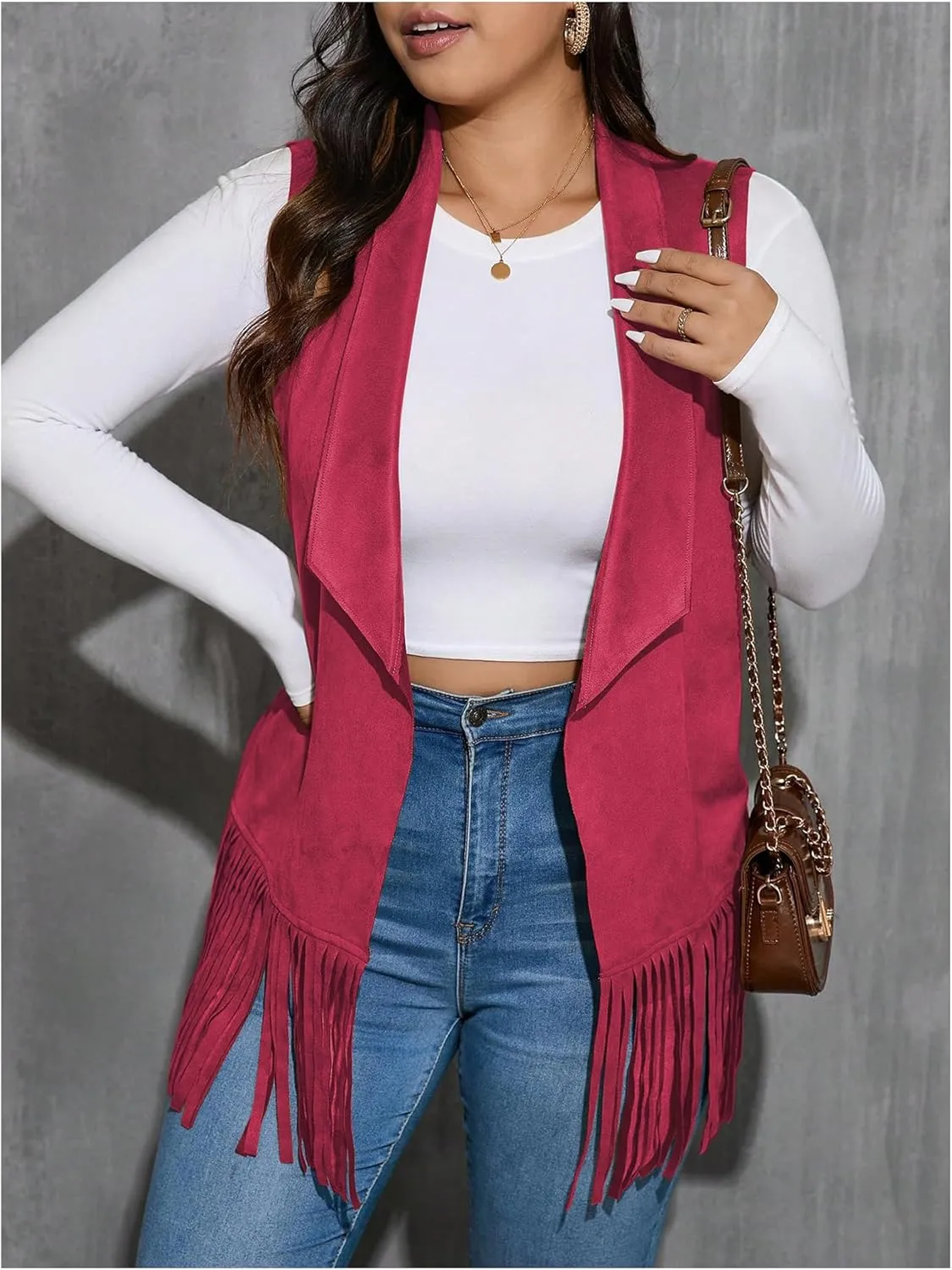 Women's Plus Size Fringe Suede Vest 70s Hippie Faux Western Jacket Tassel Sleeveless Cardigan