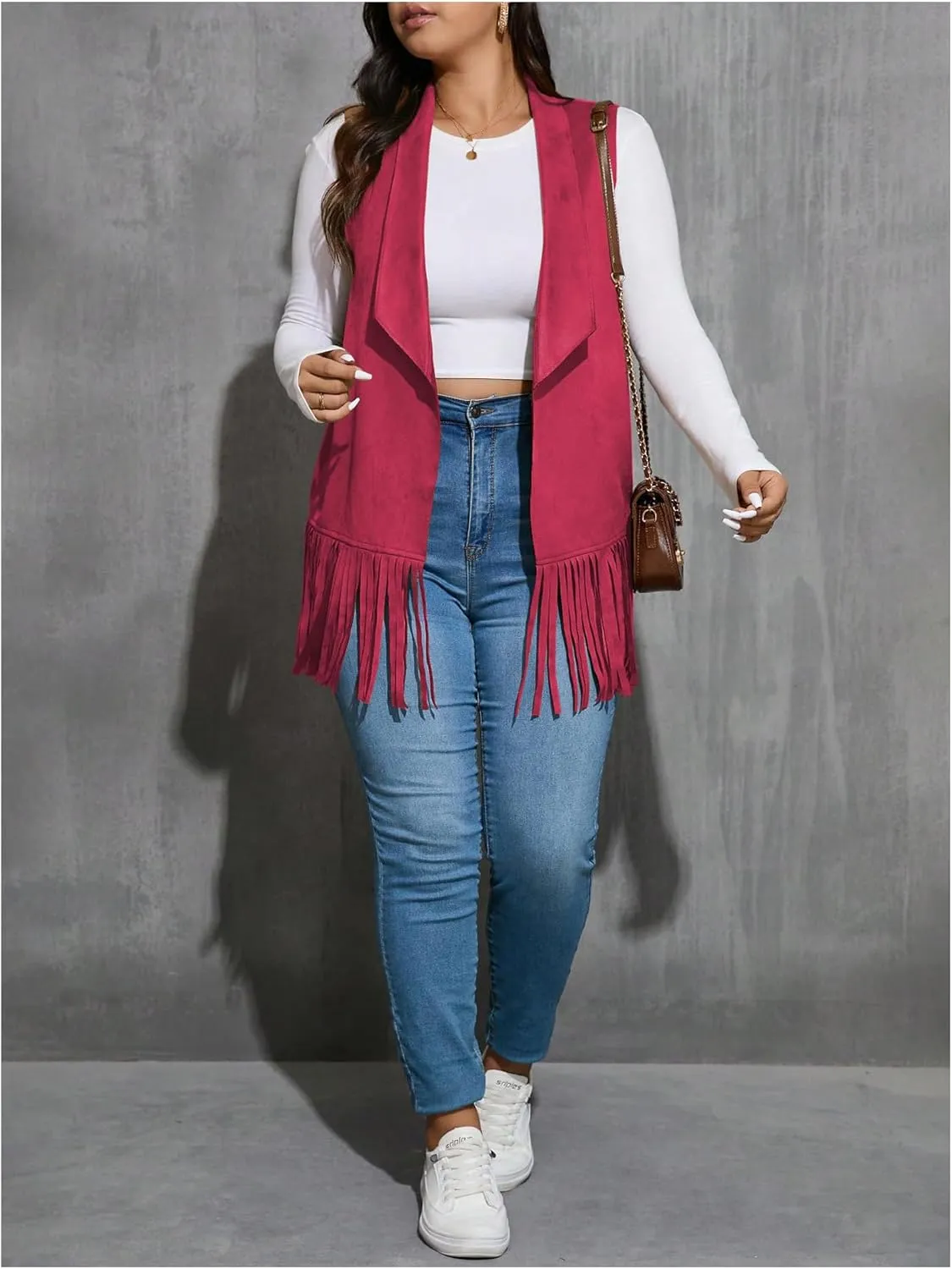 Women's Plus Size Fringe Suede Vest 70s Hippie Faux Western Jacket Tassel Sleeveless Cardigan
