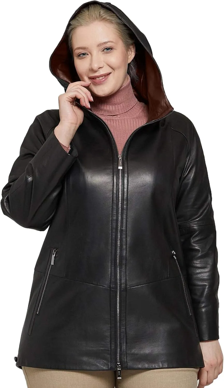 Womens Plus Size Soft Leather Jacket With Hoodie  Many Colors Real Sheepskin Hooded Leather Jacket