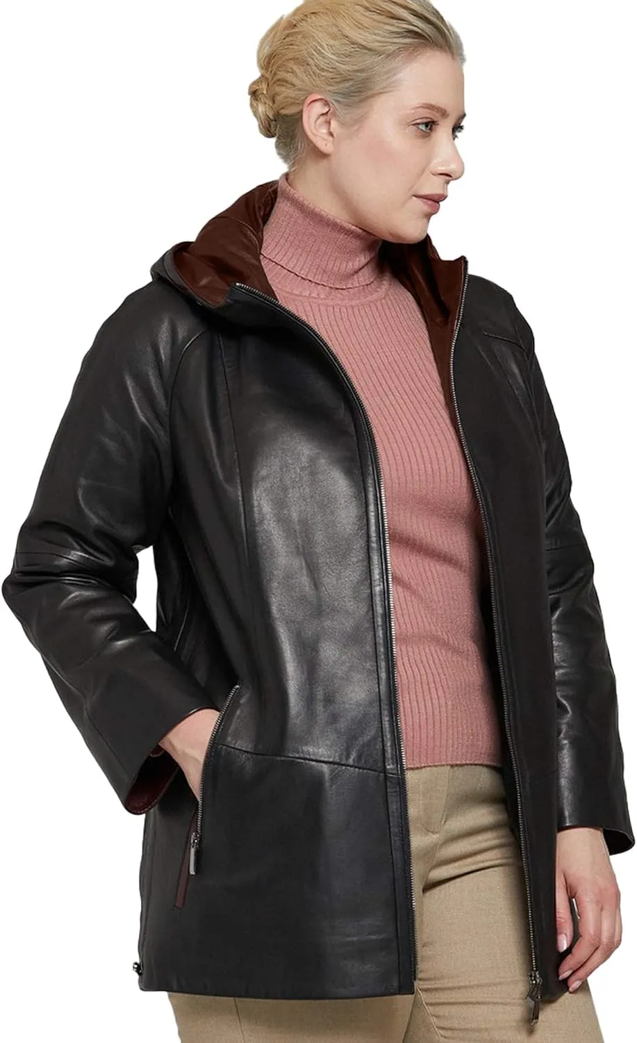 Womens Plus Size Soft Leather Jacket With Hoodie  Many Colors Real Sheepskin Hooded Leather Jacket
