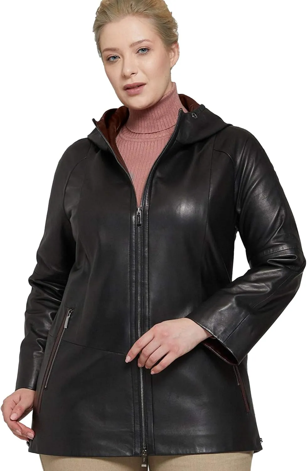 Womens Plus Size Soft Leather Jacket With Hoodie  Many Colors Real Sheepskin Hooded Leather Jacket