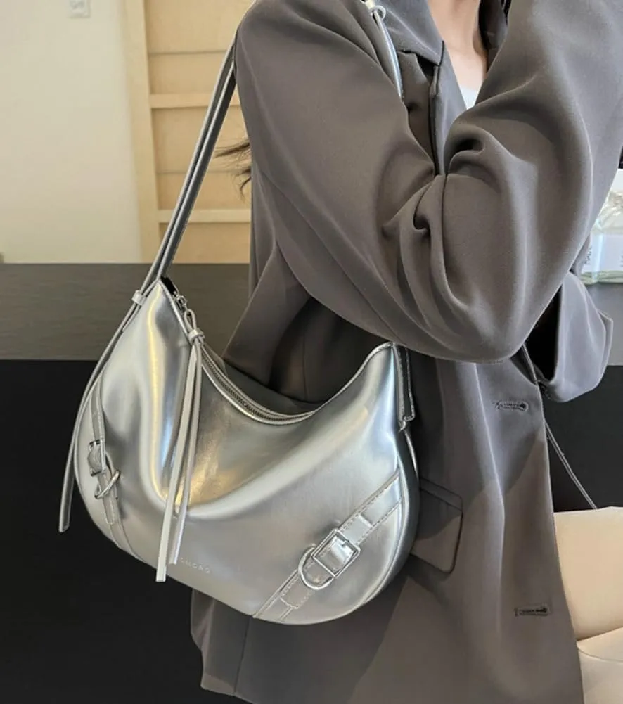 Womens PU Leather Hobo Bag Trendy Shoulder Purse Slouchy Tote Bags Modern Handbag Satchel