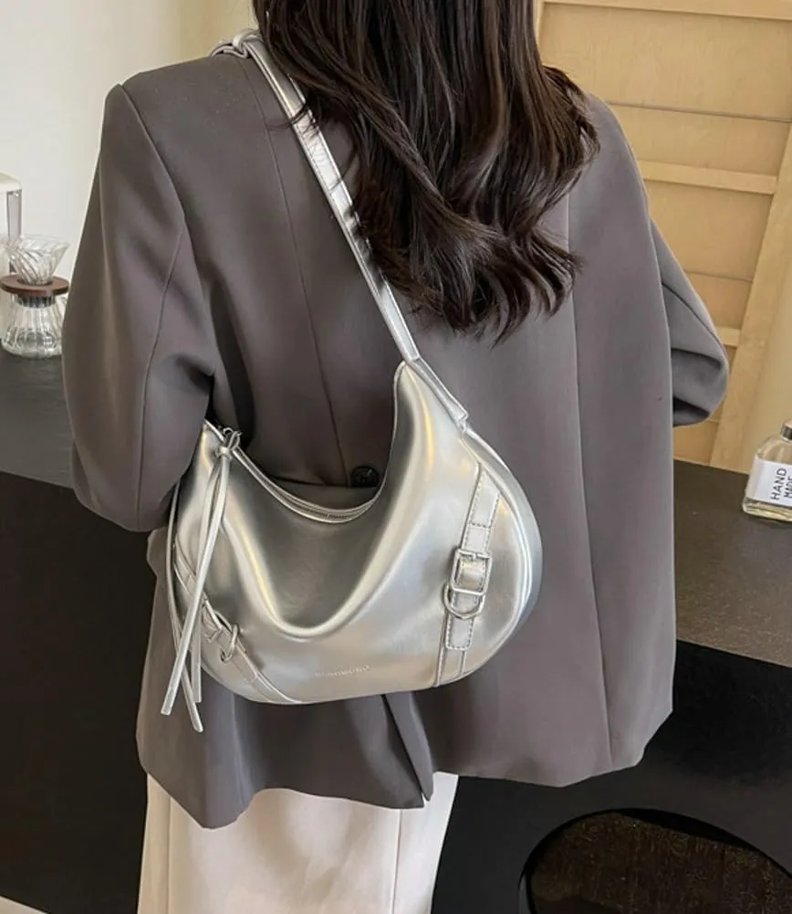 Womens PU Leather Hobo Bag Trendy Shoulder Purse Slouchy Tote Bags Modern Handbag Satchel