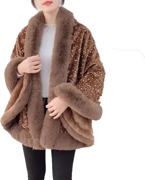 Womens Sequins Shiny Shawl Wrap Faux Fur Trim Cape Winter Thicken Thermal Coat Cardigan Trendy Cloak for Cold Weather