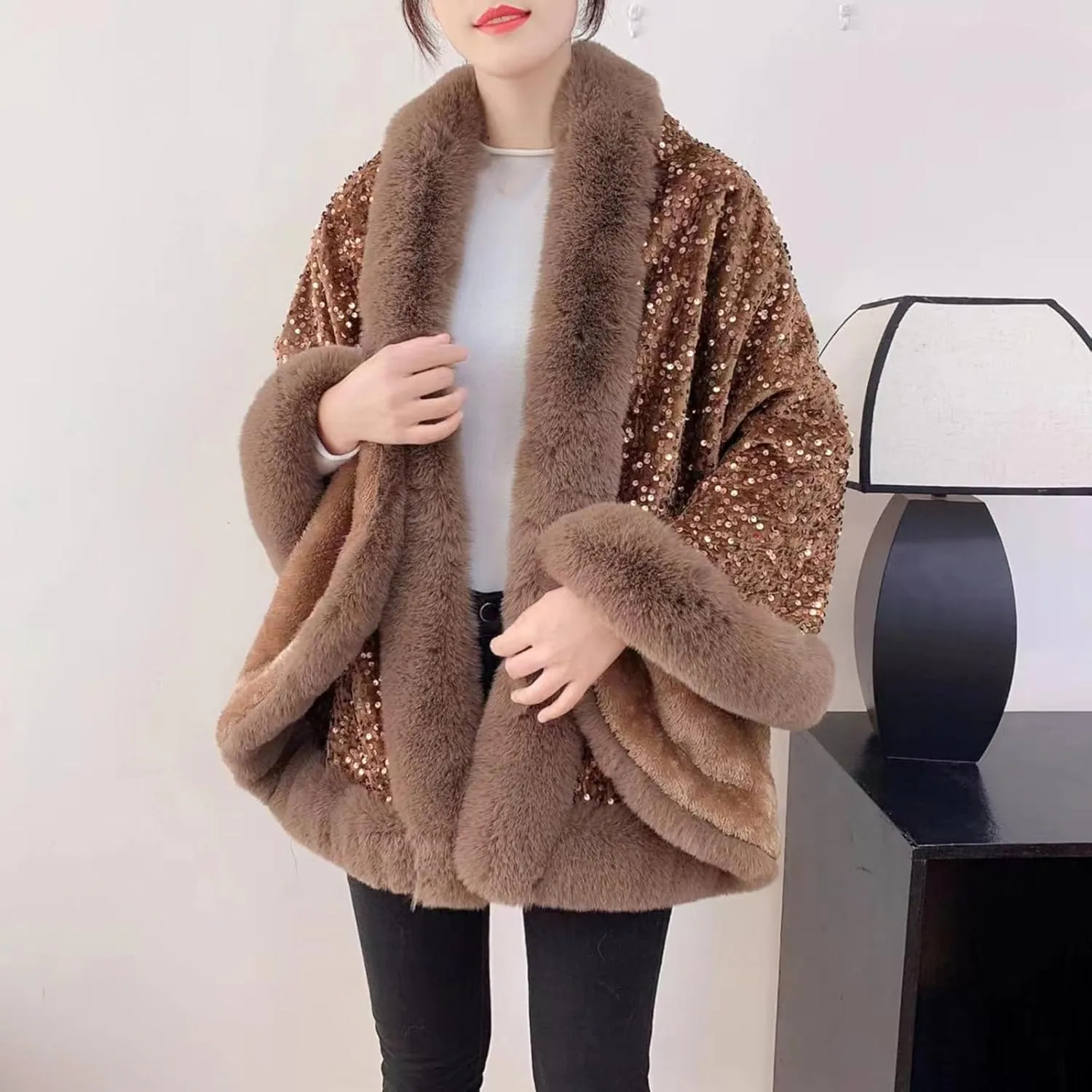 Womens Sequins Shiny Shawl Wrap Faux Fur Trim Cape Winter Thicken Thermal Coat Cardigan Trendy Cloak for Cold Weather