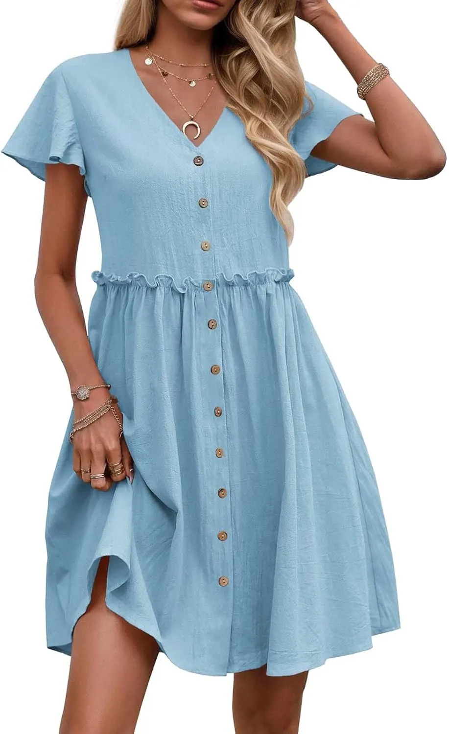 Women's Summer Short Sleeve Mini Dress V Neck Button Down T Shirt Cotton Linen Boho Dress A-Line Swing Dress Ruffle