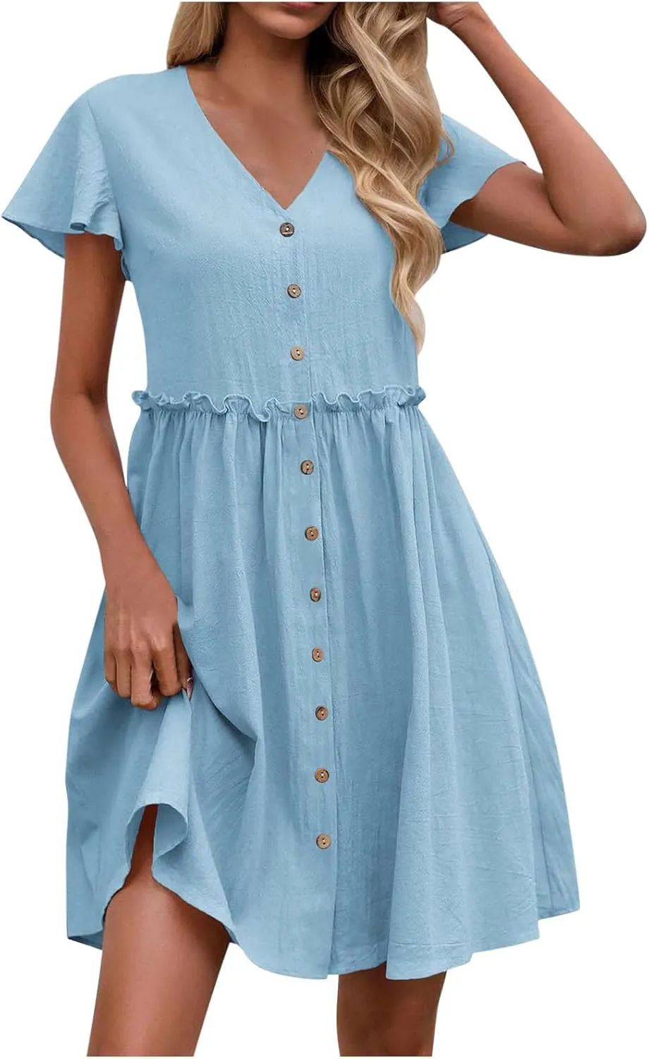 Women's Summer Short Sleeve Mini Dress V Neck Button Down T Shirt Cotton Linen Boho Dress A-Line Swing Dress Ruffle
