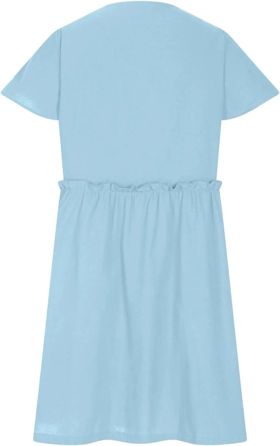 Women's Summer Short Sleeve Mini Dress V Neck Button Down T Shirt Cotton Linen Boho Dress A-Line Swing Dress Ruffle