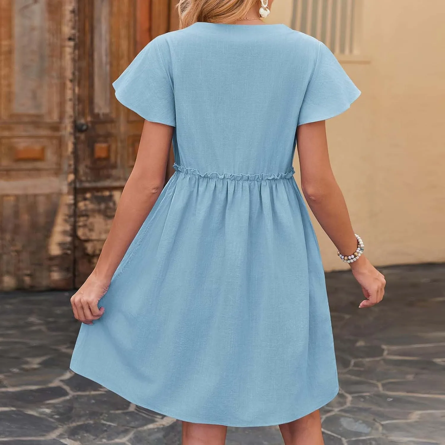 Women's Summer Short Sleeve Mini Dress V Neck Button Down T Shirt Cotton Linen Boho Dress A-Line Swing Dress Ruffle