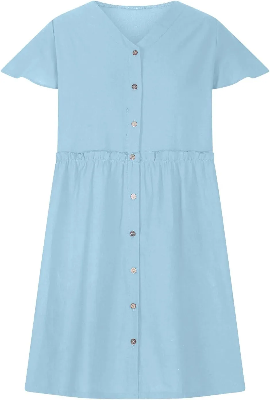 Women's Summer Short Sleeve Mini Dress V Neck Button Down T Shirt Cotton Linen Boho Dress A-Line Swing Dress Ruffle