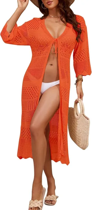 Women's Tie front Summer Cardigan Short Sleeve Hollow Out Crochet Long Kimono Cover Up