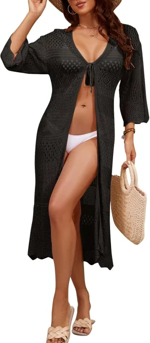 Women's Tie front Summer Cardigan Short Sleeve Hollow Out Crochet Long Kimono Cover Up