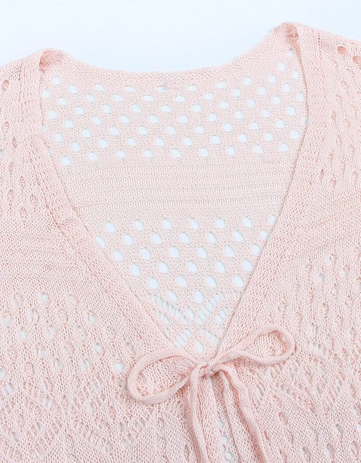 Women's Tie front Summer Cardigan Short Sleeve Hollow Out Crochet Long Kimono Cover Up