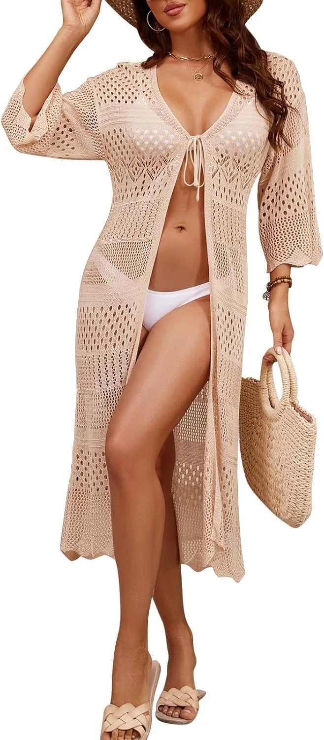 Women's Tie front Summer Cardigan Short Sleeve Hollow Out Crochet Long Kimono Cover Up