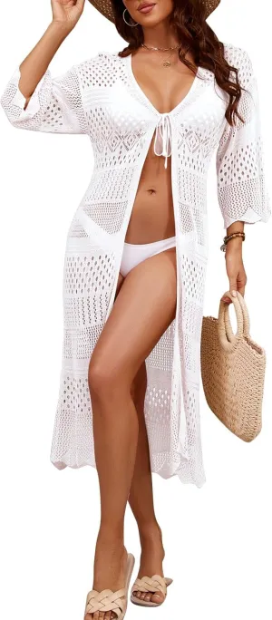 Women's Tie front Summer Cardigan Short Sleeve Hollow Out Crochet Long Kimono Cover Up