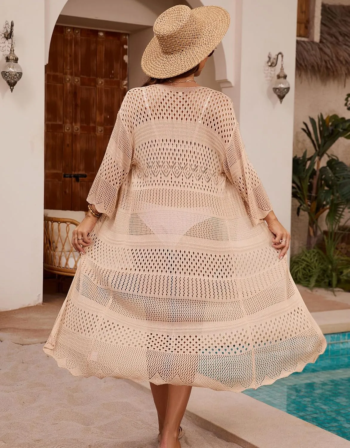 Women's Tie front Summer Cardigan Short Sleeve Hollow Out Crochet Long Kimono Cover Up
