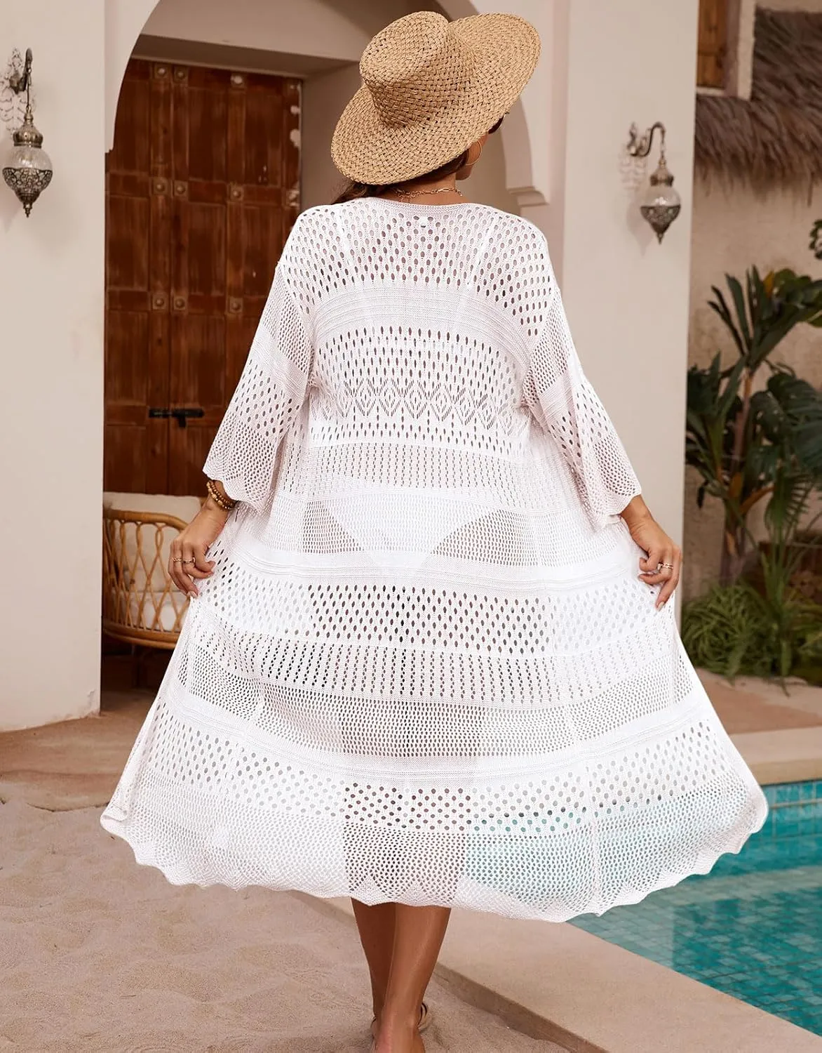 Women's Tie front Summer Cardigan Short Sleeve Hollow Out Crochet Long Kimono Cover Up