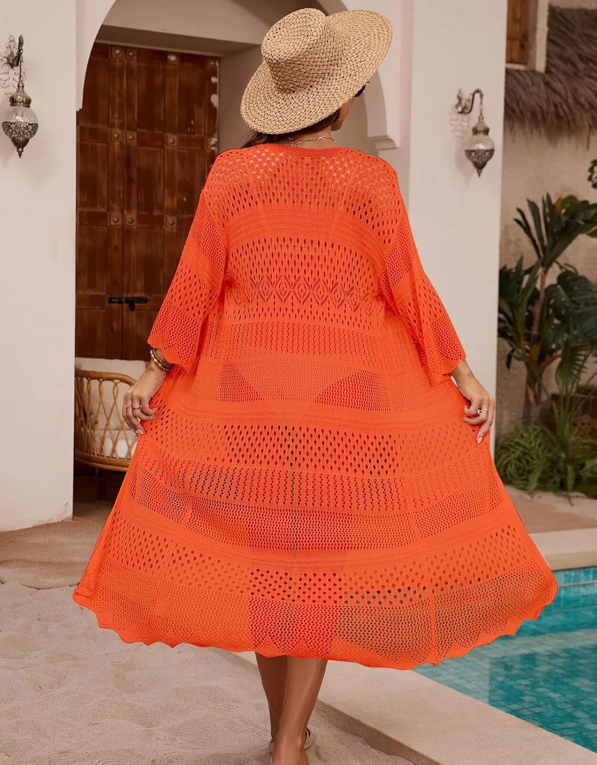 Women's Tie front Summer Cardigan Short Sleeve Hollow Out Crochet Long Kimono Cover Up