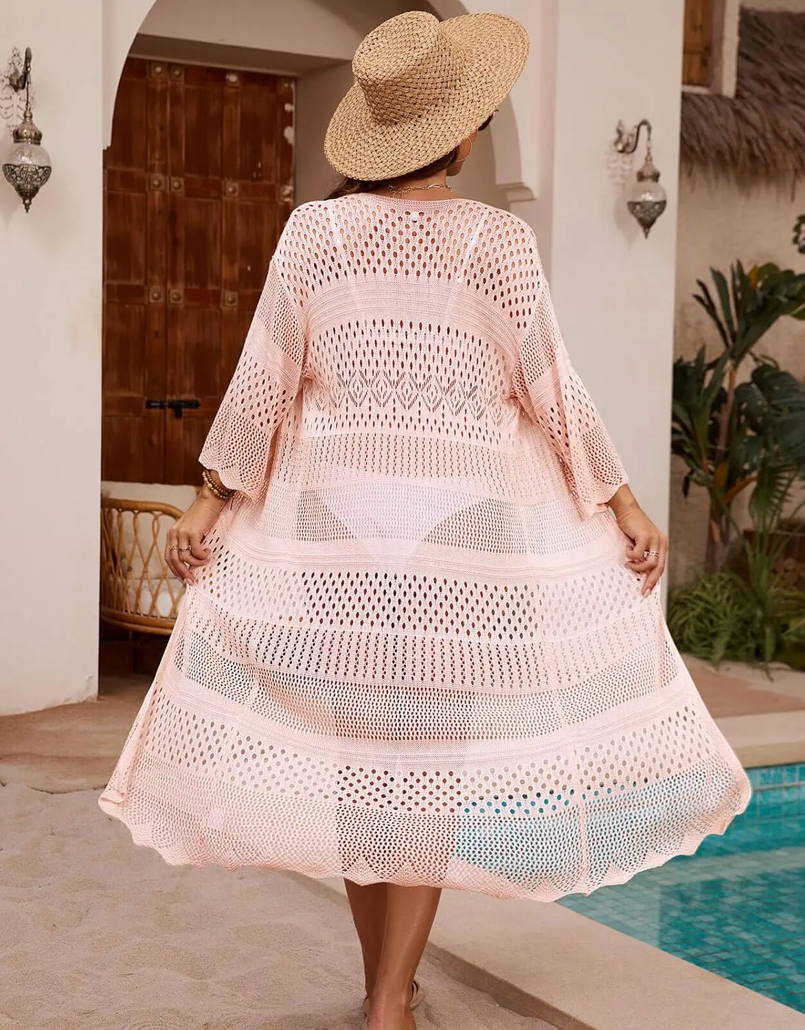 Women's Tie front Summer Cardigan Short Sleeve Hollow Out Crochet Long Kimono Cover Up