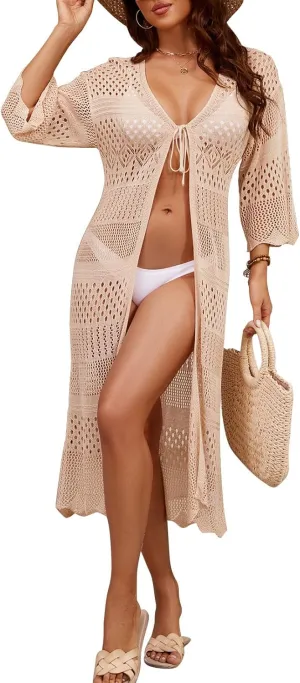Women's Tie front Summer Cardigan Short Sleeve Hollow Out Crochet Long Kimono Cover Up